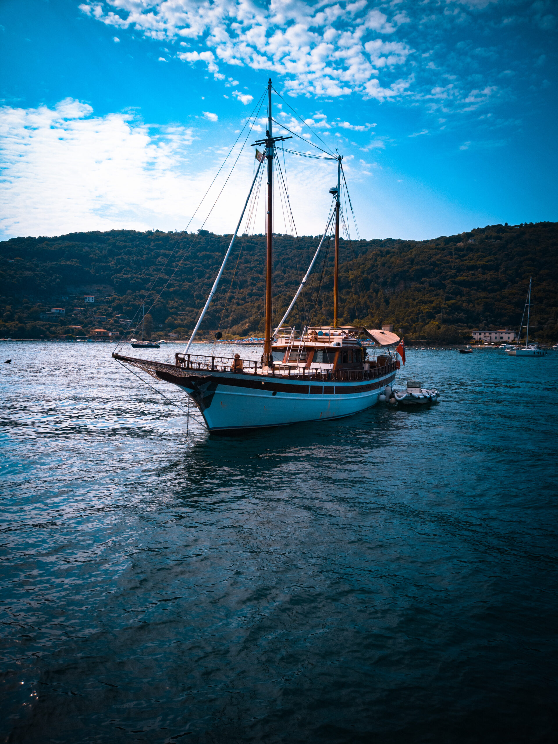 vertical shot of a boat with a beautiful landscape in the background